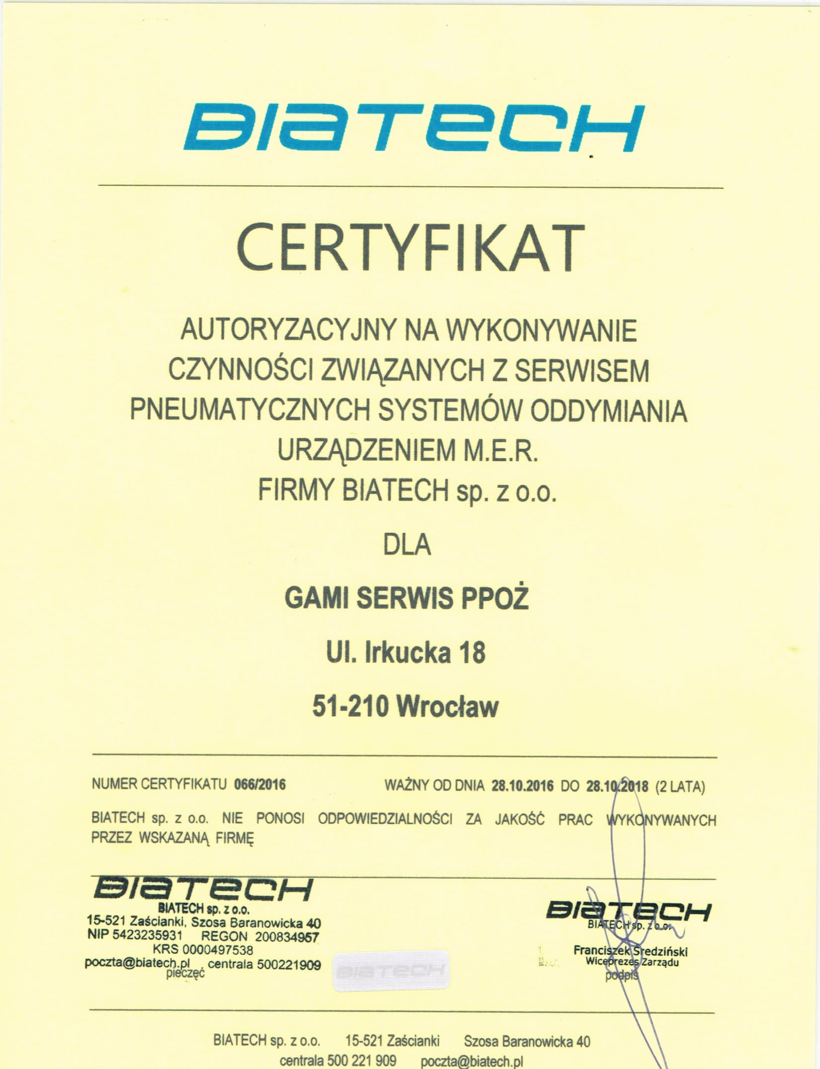 BIATEH klapy Certyfikat Autoryzacyjny GAMI do 2018