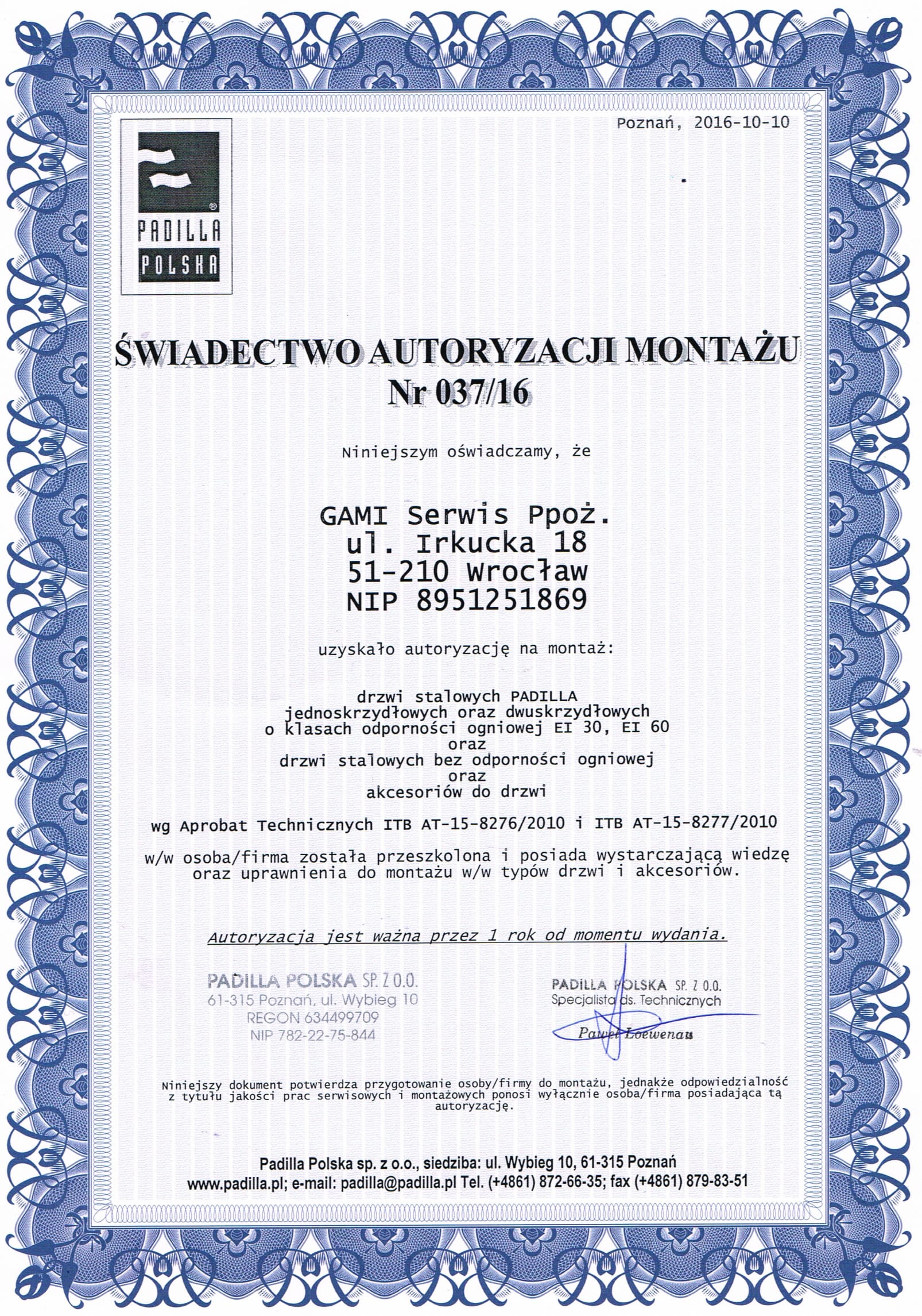 PADILLA drzwi autoryzacja Gami do 2016