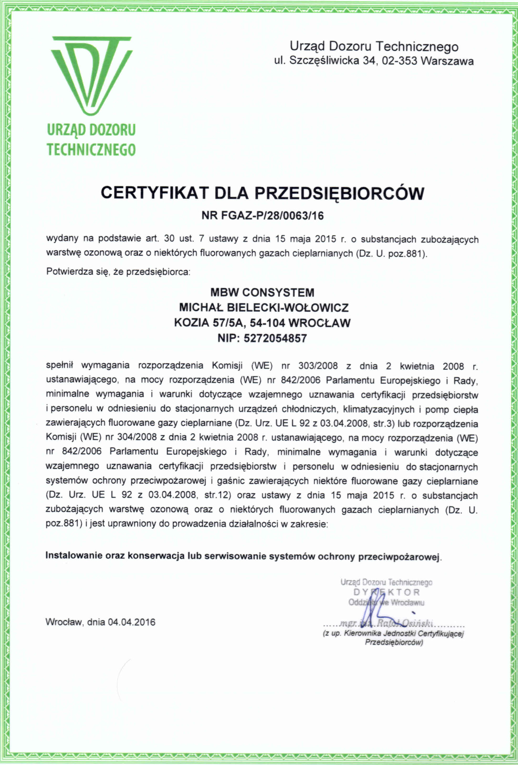 UDT certyfikat Bielecki-Wołowicz Michał