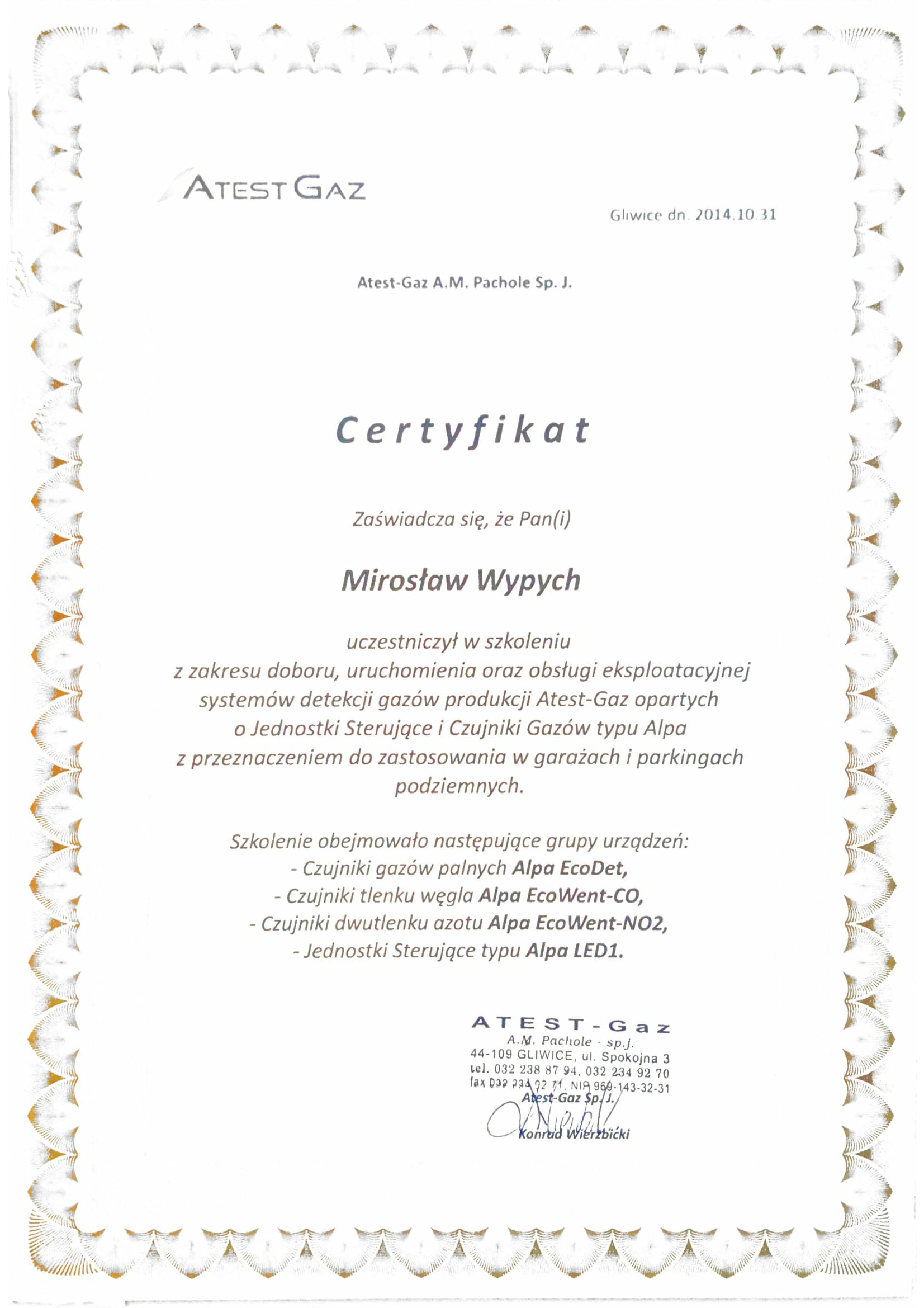 Certyfikat AtestGaz Mirosław Wypych