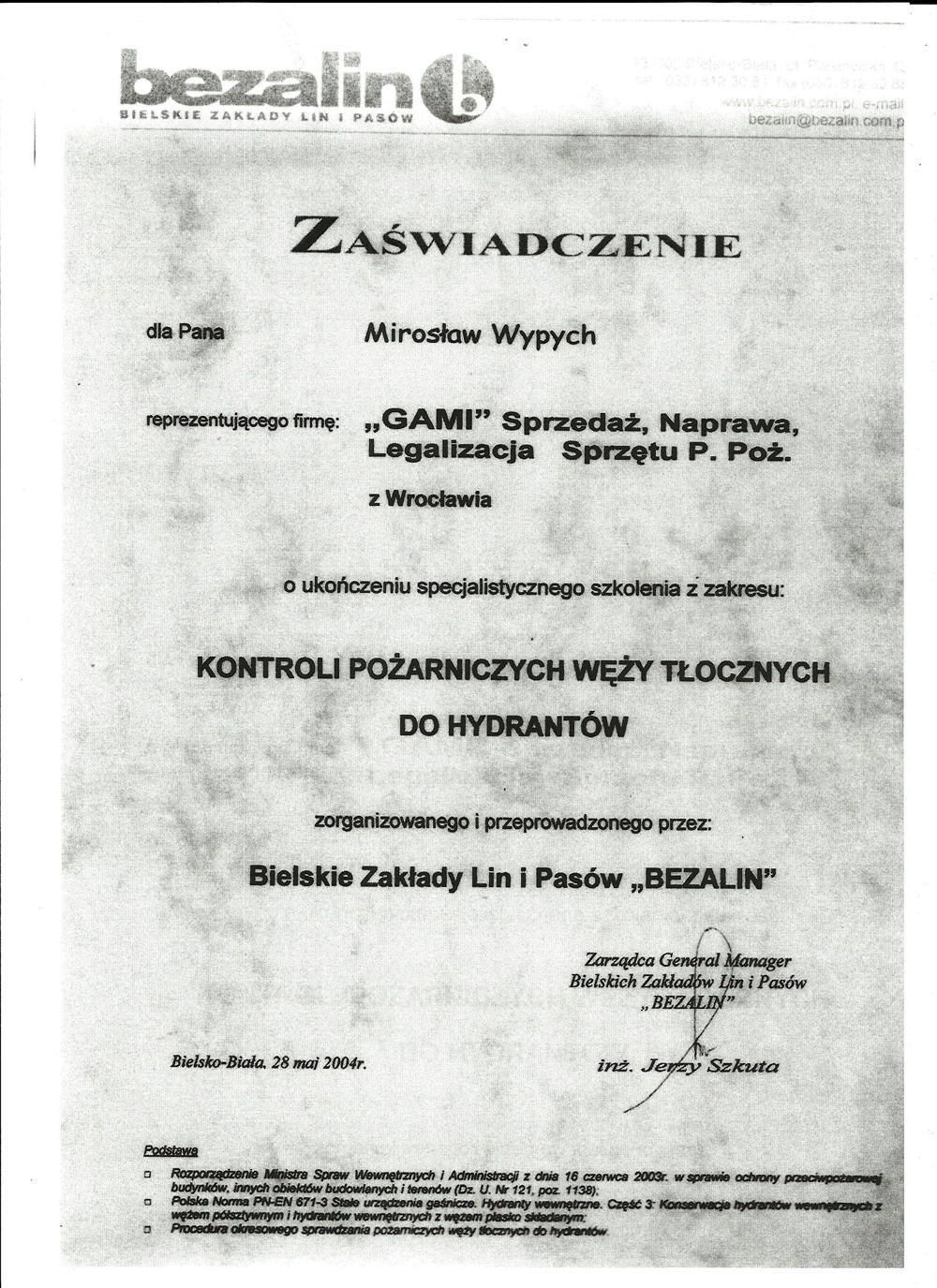 Zaświadczenie Mirosław Wypych