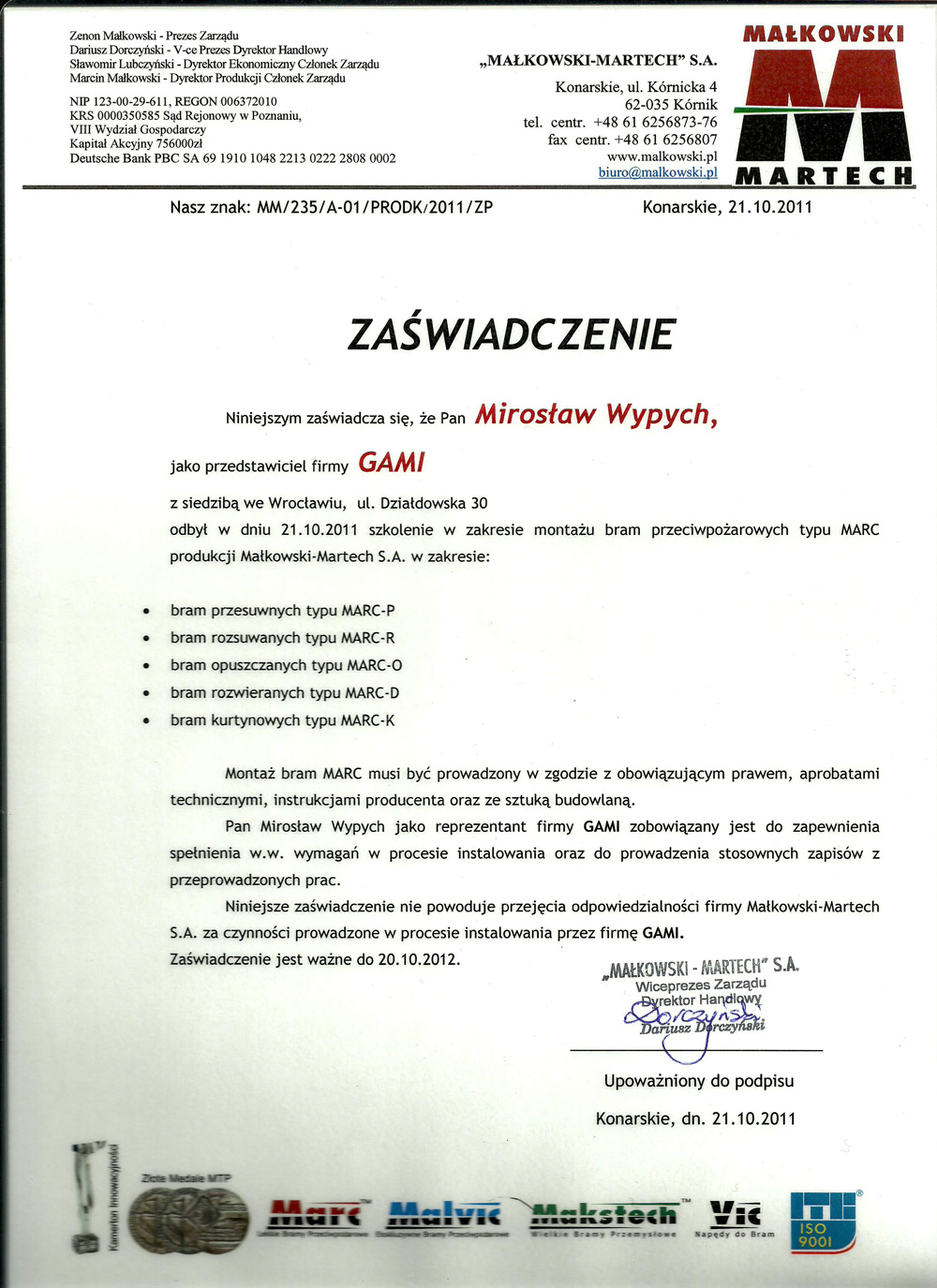 zaświadczenie Małkowski bramy